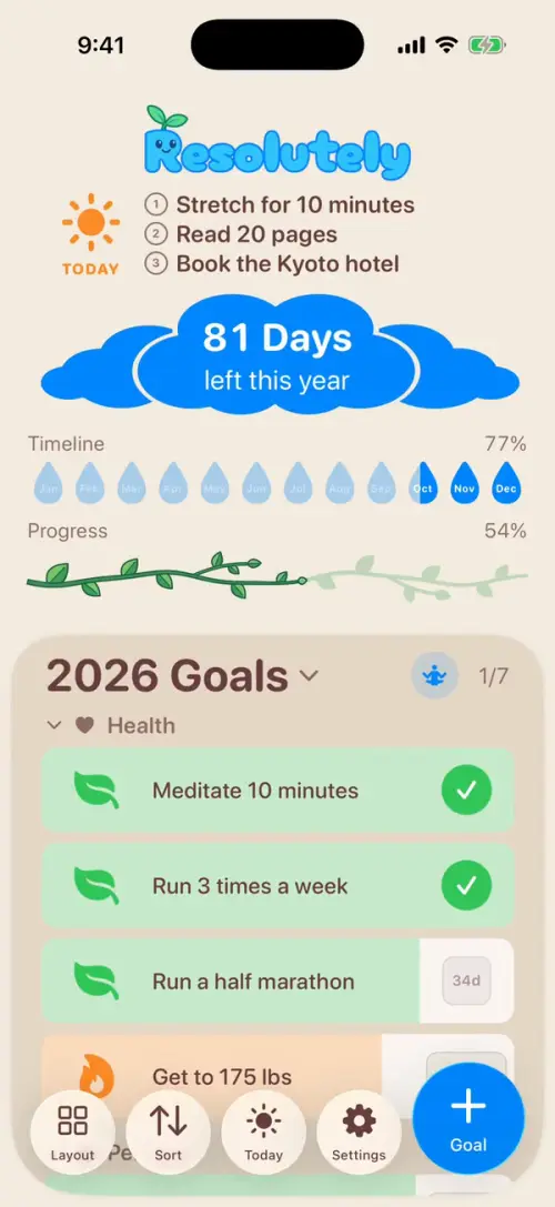 Resolutely's home screen counting down the days left in the year