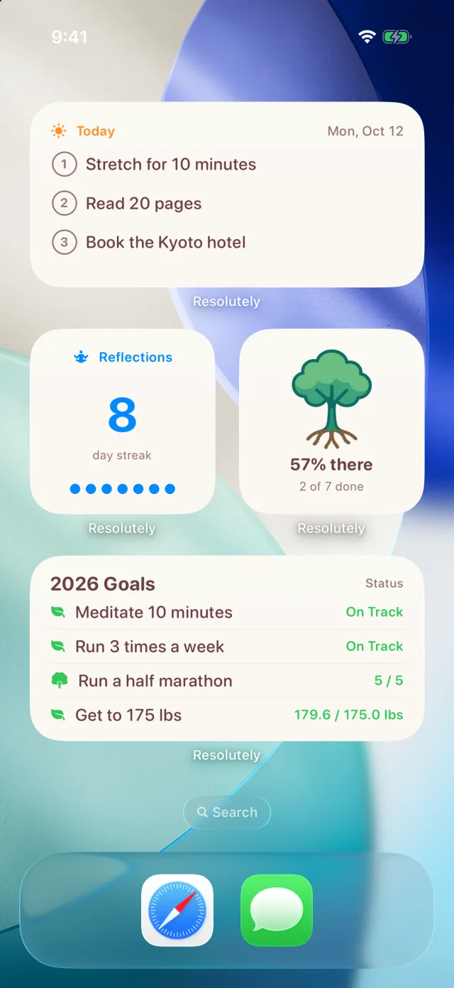 Home Screen widgets: Today, Reflection Streak, Growth and the Goals Dashboard