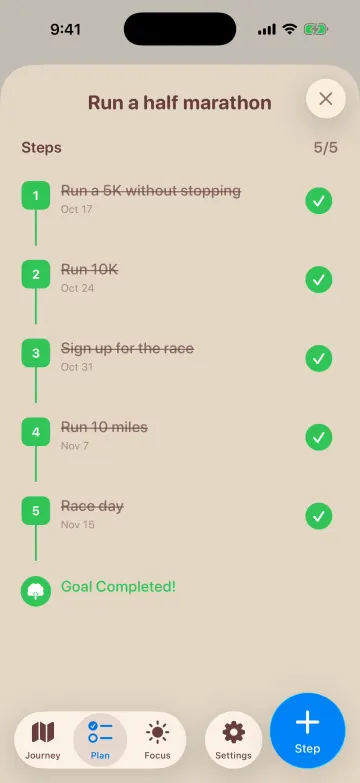 A goal's steps, all checked off: Goal Completed!