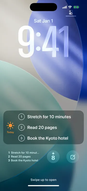 The Lock Screen: the Today's Three Live Activity and three Lock Screen widgets