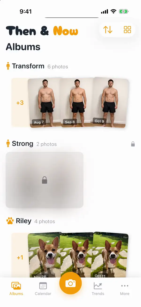 Then & Now's Albums screen, with a private album's cover blurred behind a lock