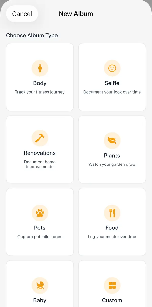 Choose Album Type: Body, Selfie, Renovations, Plants, Pets, Food, Baby and Custom