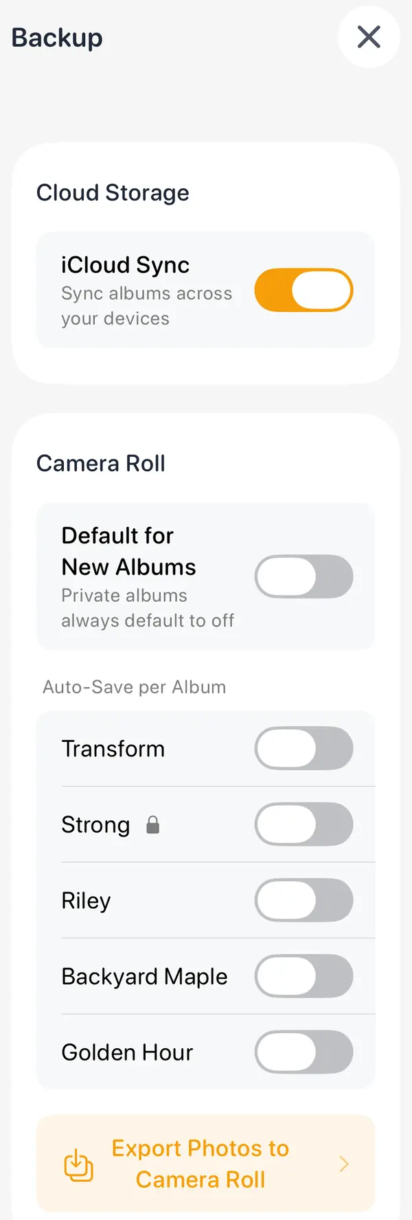 Backup: iCloud Sync on, Camera Roll defaults, "Auto-Save per Album" and "Export Photos to Camera Roll"