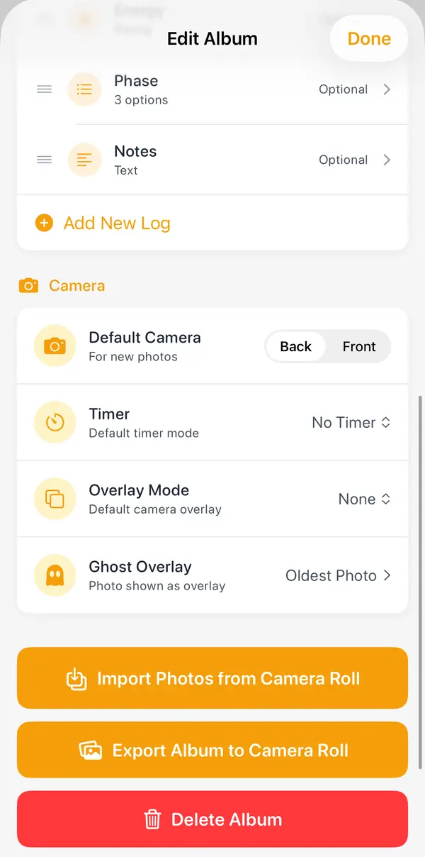 Edit Album's Camera section: Default Camera, Timer, "Overlay Mode" and "Ghost Overlay: Oldest Photo"