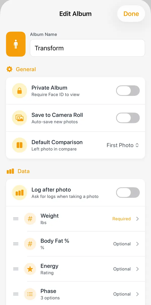 Edit Album: Private Album, Save to Camera Roll, Default Comparison, and the Data section with "Log after photo" and Weight, Body Fat %, Energy and Phase