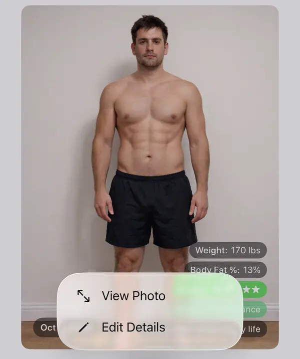 A photo touched and held, with "View Photo" and "Edit Details"