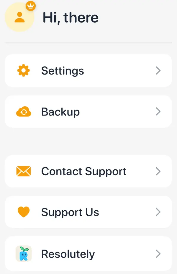 The More menu: Settings, Backup, Contact Support, Support Us, Resolutely