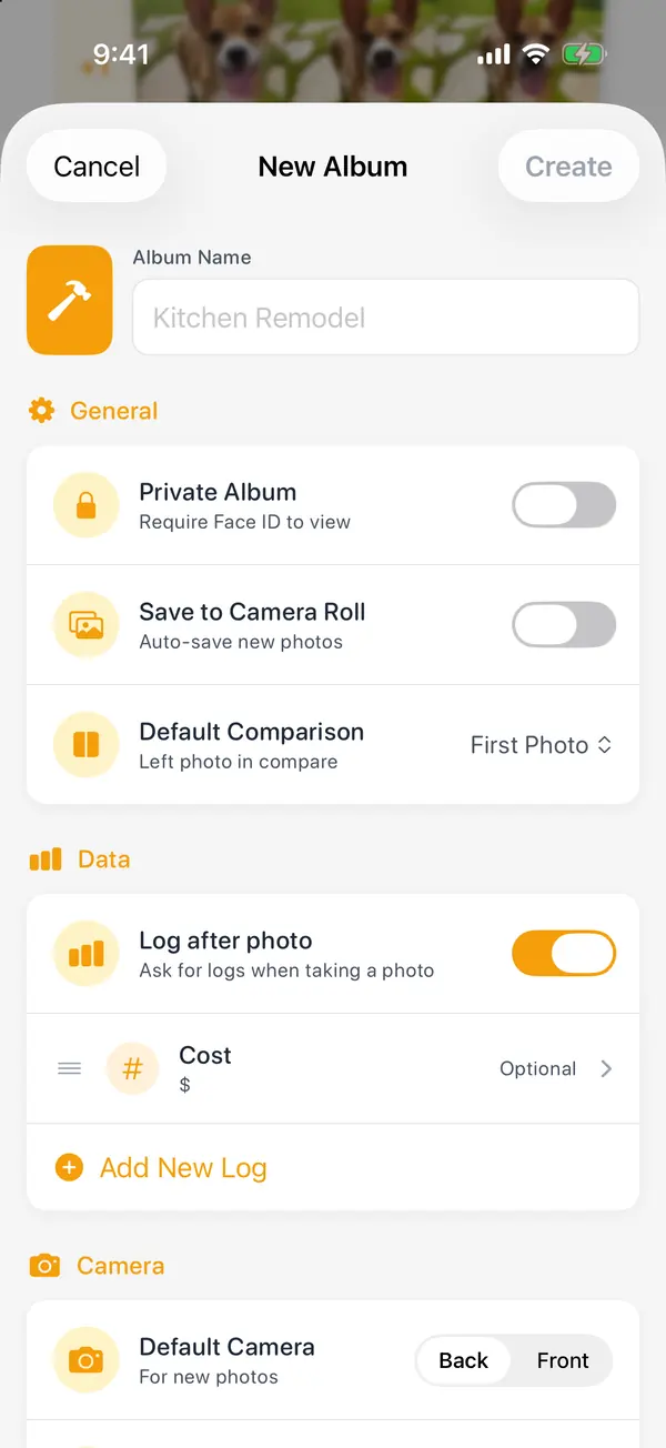 New Album, Renovations: the name "Kitchen Remodel", Private Album and Save to Camera Roll switches, and a Cost log in dollars